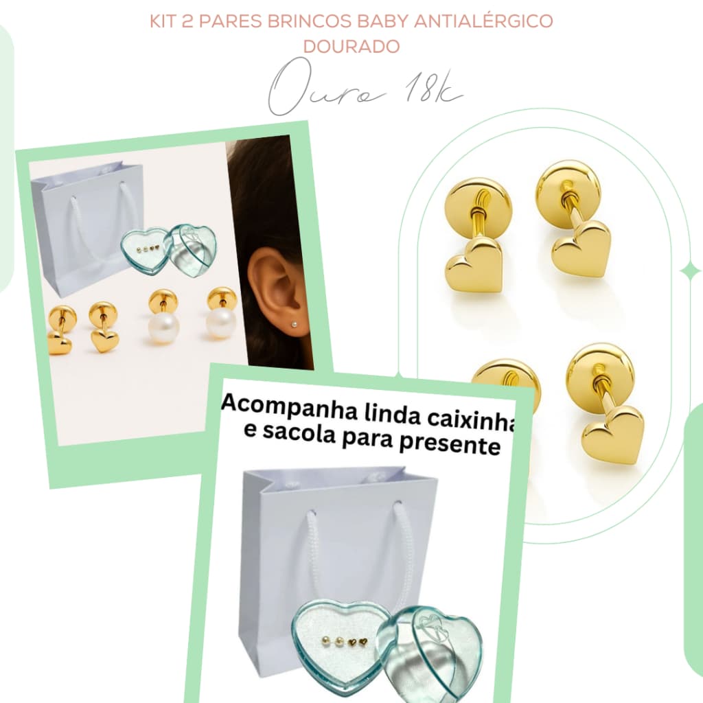 Kit 2 Pares Brincos Baby Antialérgico Dourado Recém Nascido Infantil Batizado Presente