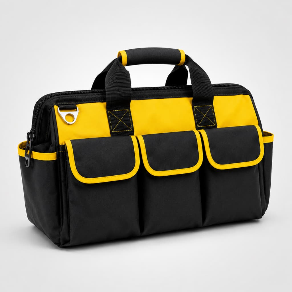 Bolsa Maleta de Ferramentas Grande Reforçada 16 Bolsos Profissional Eletricista Fundo Emborrachado Preto e Amarelo