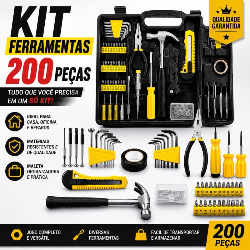 Kit Jogo de Ferramentas 200 Peças Completo com Maleta | Chaves Allen, Fenda, Philips, Martelo e Alicate