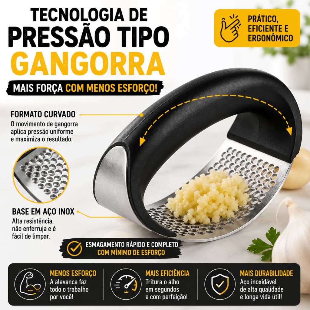 Espremedor de Alho Inox Manual Profissional Ergonômico