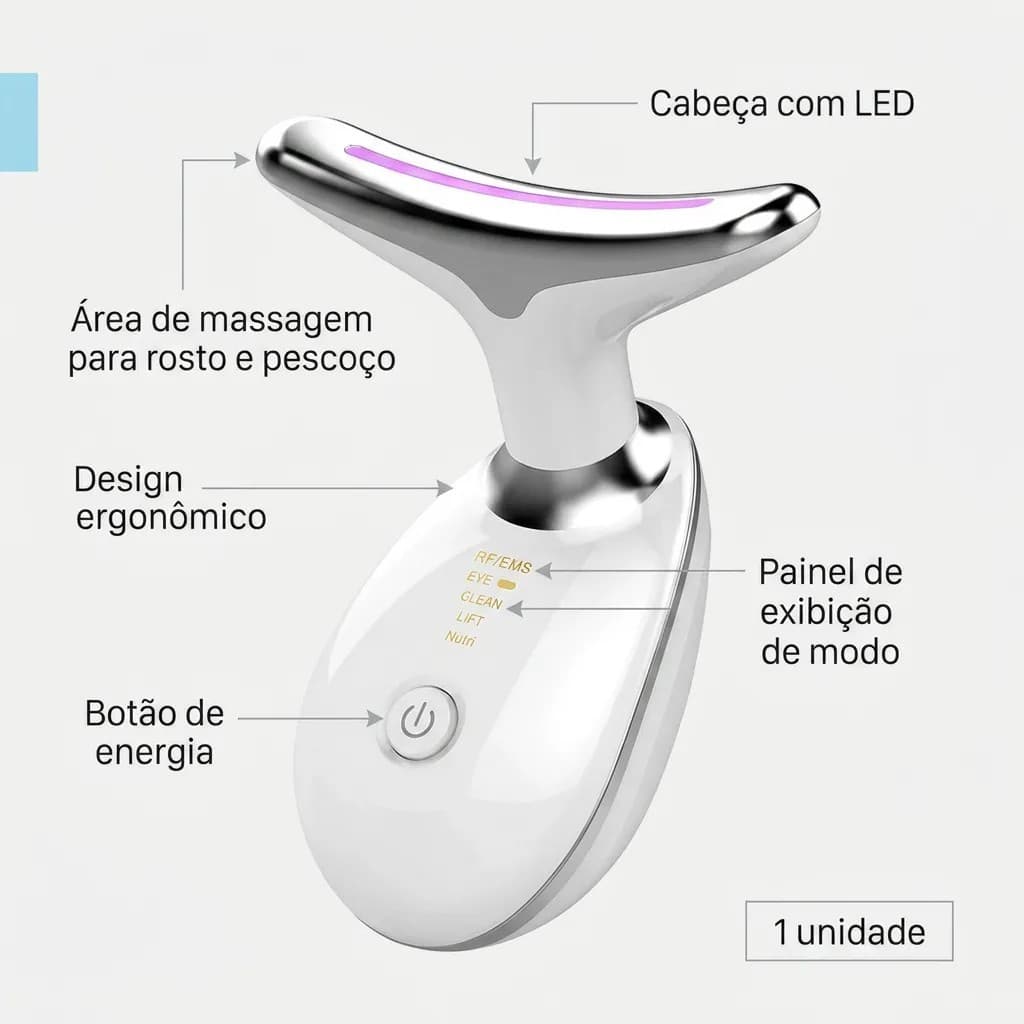 Massageador Facial Radiofrequência Pescoço LED 3 Cores Rejuvenescedor Elétrico USB