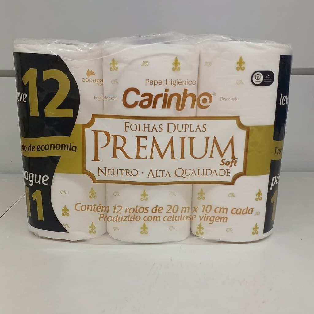 Papel Higiênico Carinho Premium Soft Folha Dupla Neutro 12 Rolos 20m Celulose de Alta Qualidade e Econômico