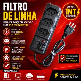 Filtro de Linha  3 Tomadas, Protetor de Energia 10a Bivolt Preto Fusível Tripolar Cabo 1MT