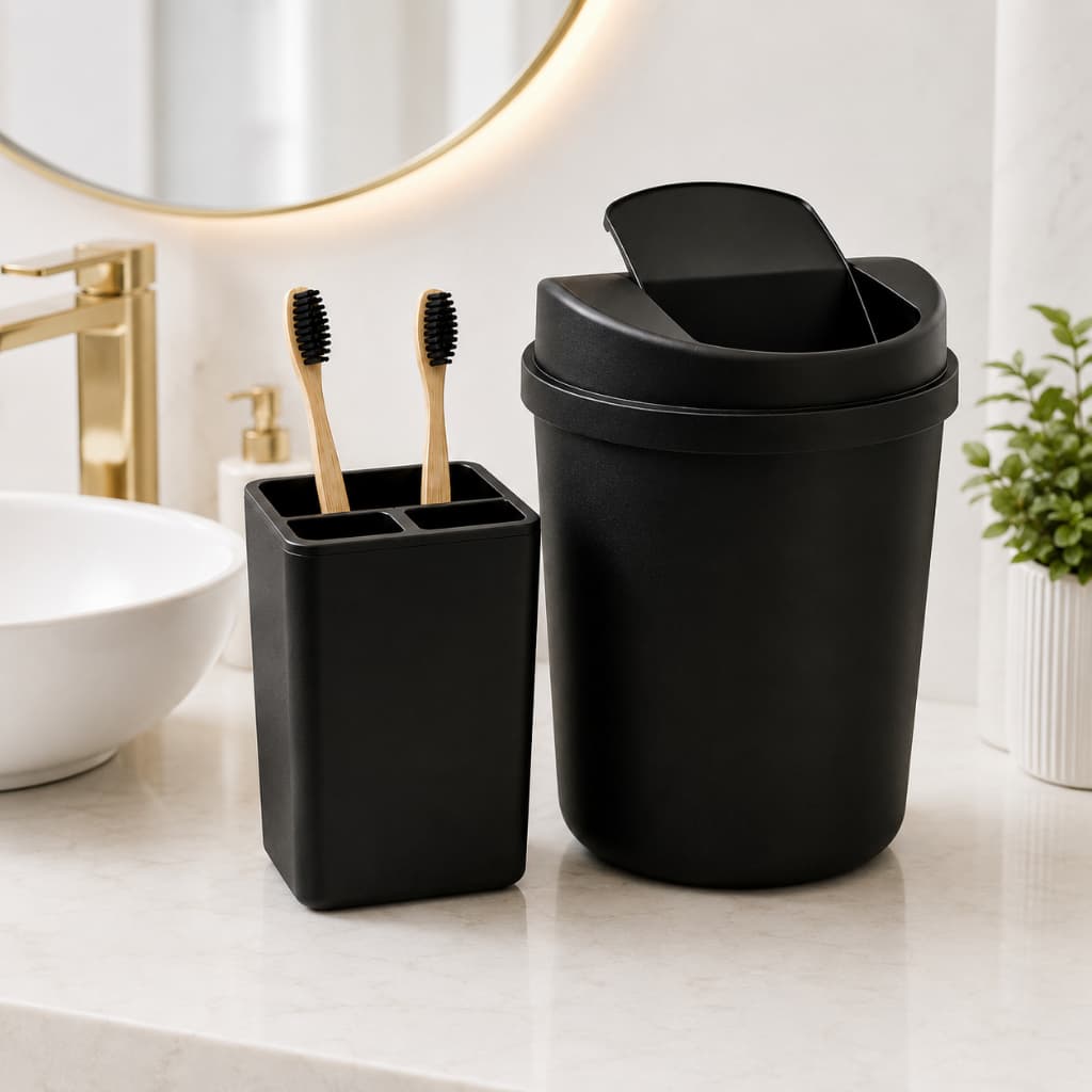 Kit Banheiro Preto Lixeira 5L Porta Escova de Dente Organizador Lavabo Moderno Premium