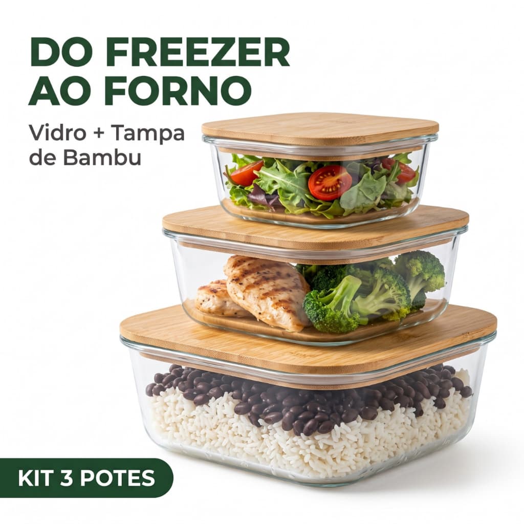 Kit 3 Potes de Vidro Herméticos Quadrado Marmita 500/800/1150ml Tampa de Bambu Borossilicato