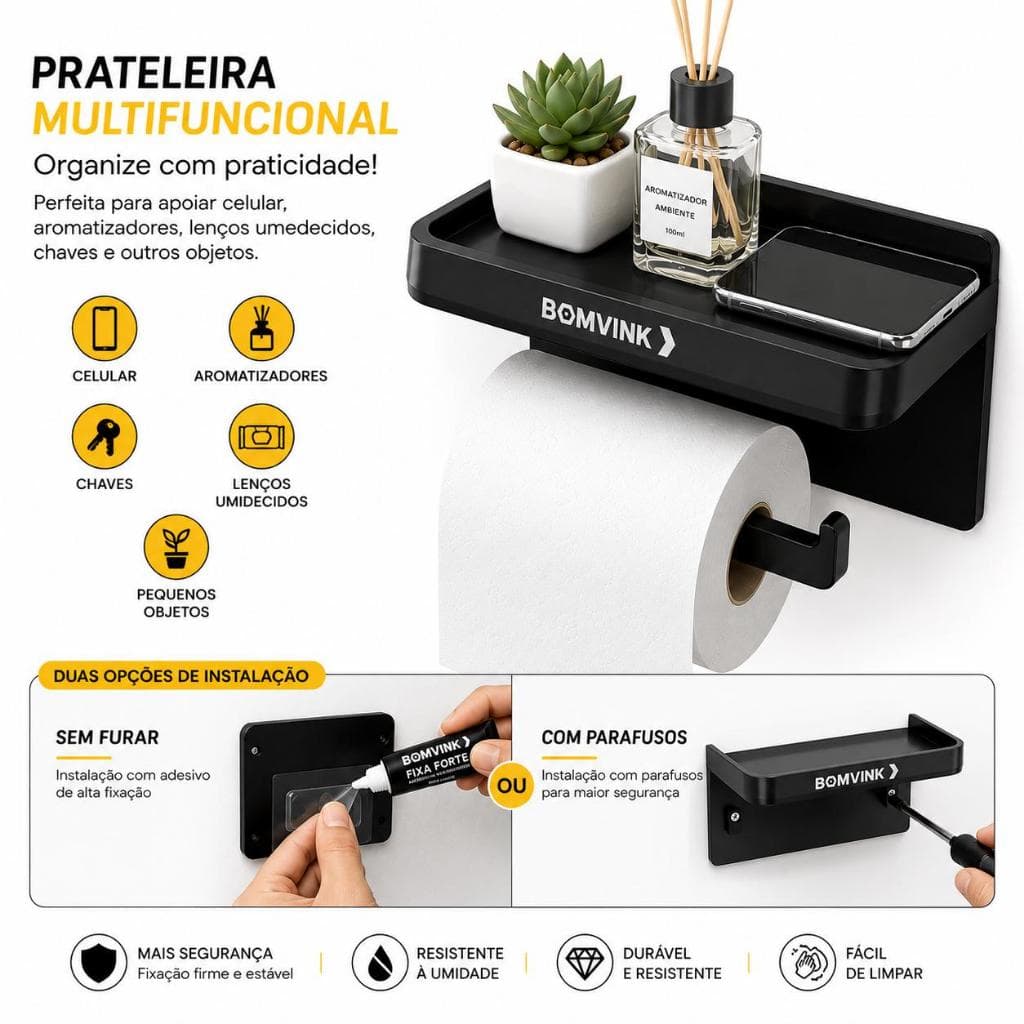 Suporte Porta Papel Higiênico Banheiro Bomvink Com Prateleira Organizador Sem Furos Fixação por Adesivo ou Parafusos top