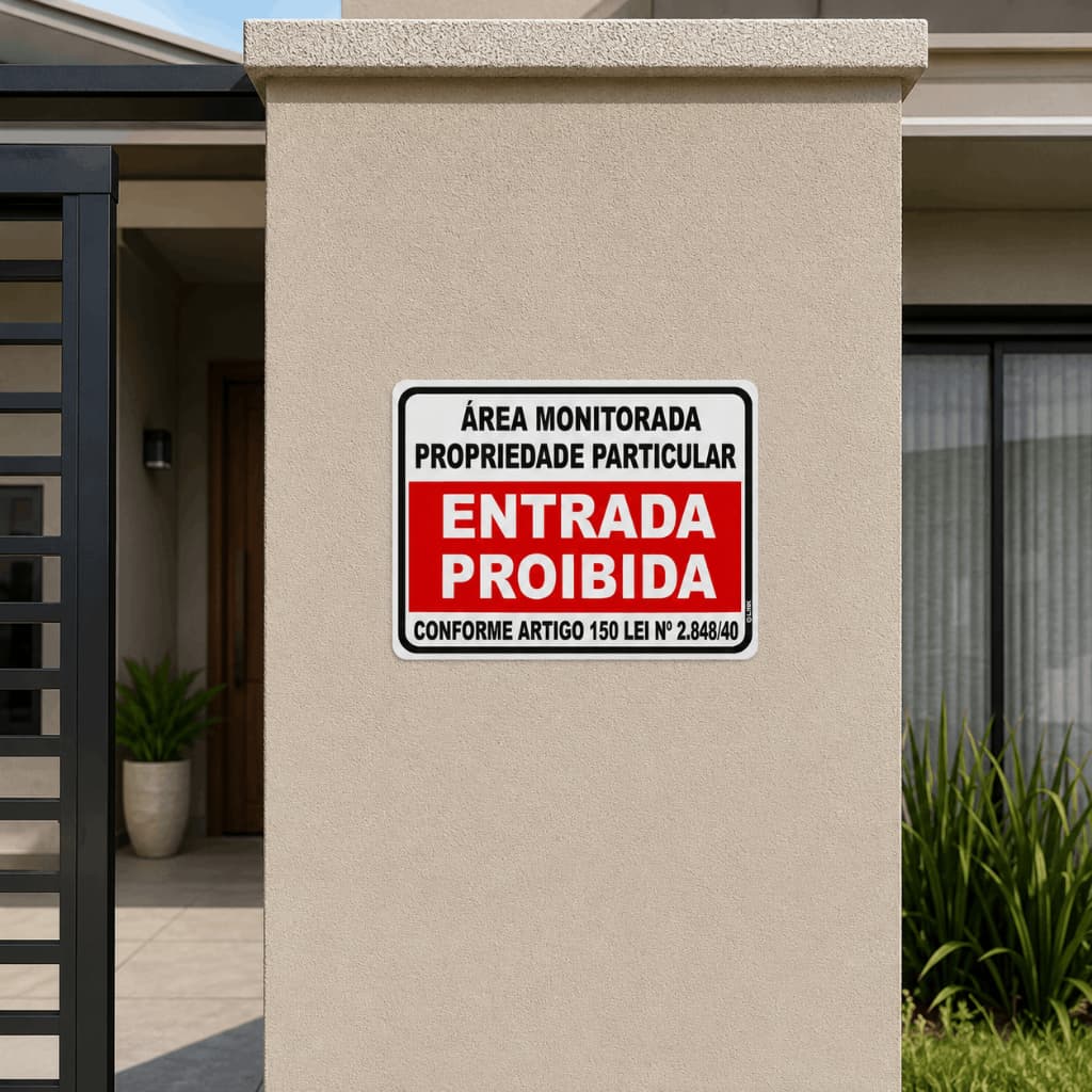 Placa Adesiva Entrada Proibida Área Monitorada para Portão Muro Empresa Casa Comércio
