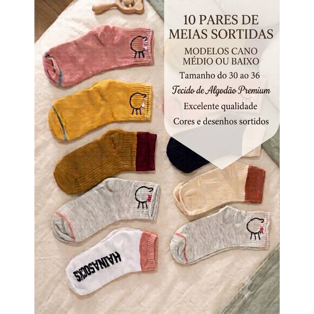 Kit c/ 10 pares de meia infantil e juvenil feminina, confortável, de algodão, estampas sortidas.