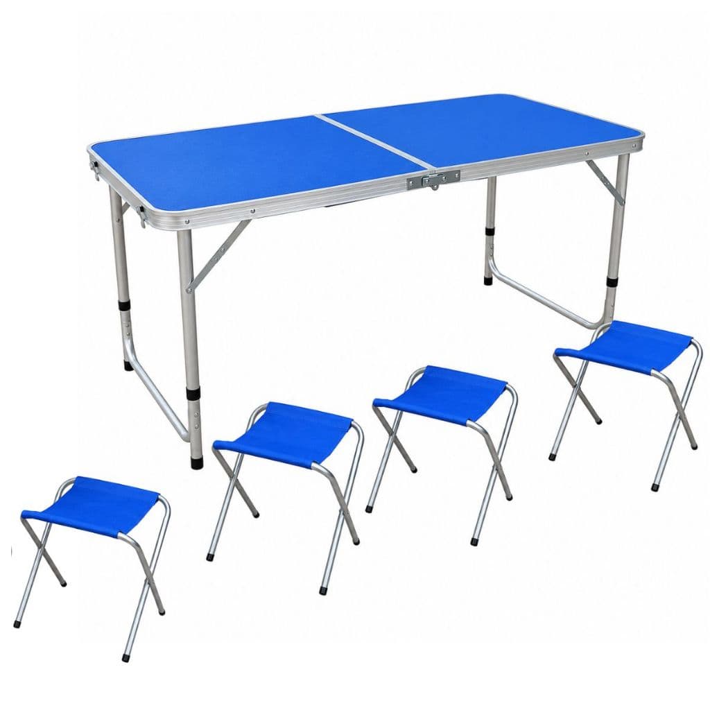 Mesa Dobrável Vira Maleta Portátil Camping 1,20m Com 4 Banco Azul