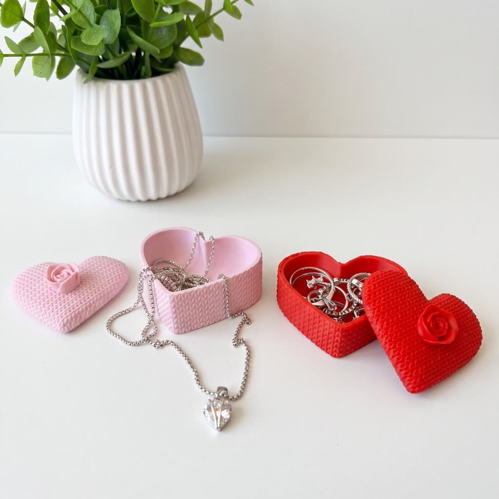 Porta Joias Coração Efeito Tricô com Rosa Presente Namorados