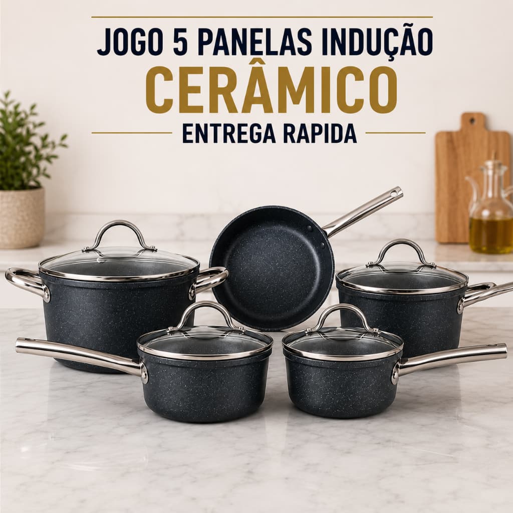 Jogo 5 Panelas Antiaderente Revestimento Indução Com Tampa Vidro Frigideira Caçarolas