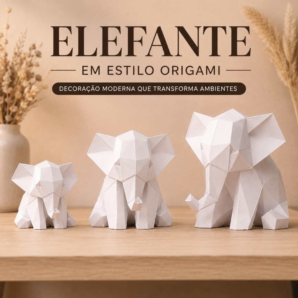KIT 3 ELEFANTES DECORATIVOS EFEITO ORIGAMI - DESIGN MODERNO - DECORAÇÃO PARA CASA SALA ESCRITORIO INTERIOR