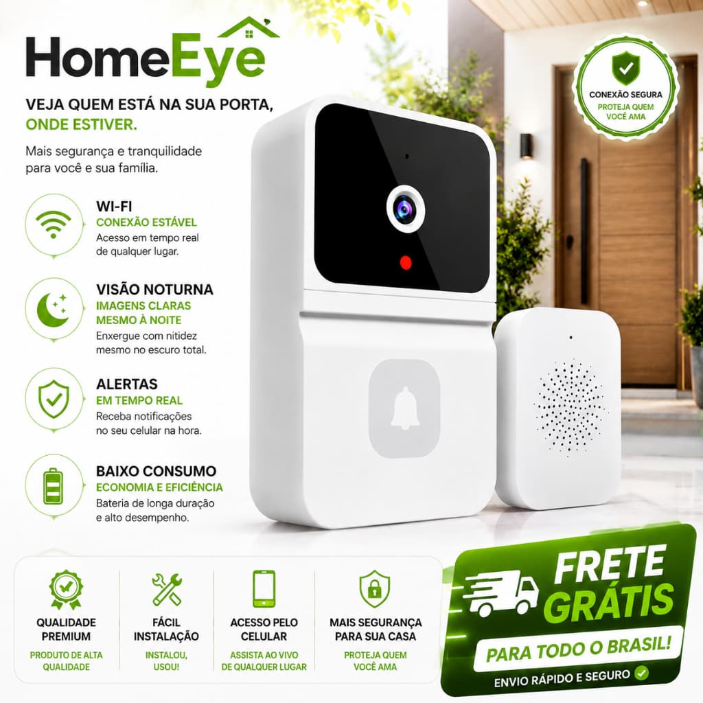 Campainha Wi‑Fi com Câmera e Visão Noturna Bivolt Residencial Comercial Sem fio Vídeo HomeEye