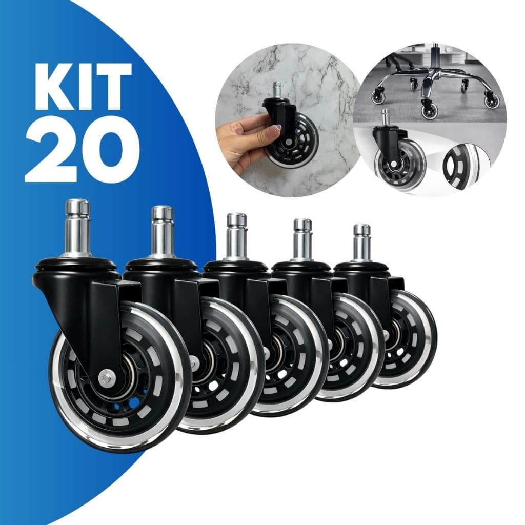 Kit 20 Rodinha Rodízio Cadeira Escritório 75mm Pu Transparente