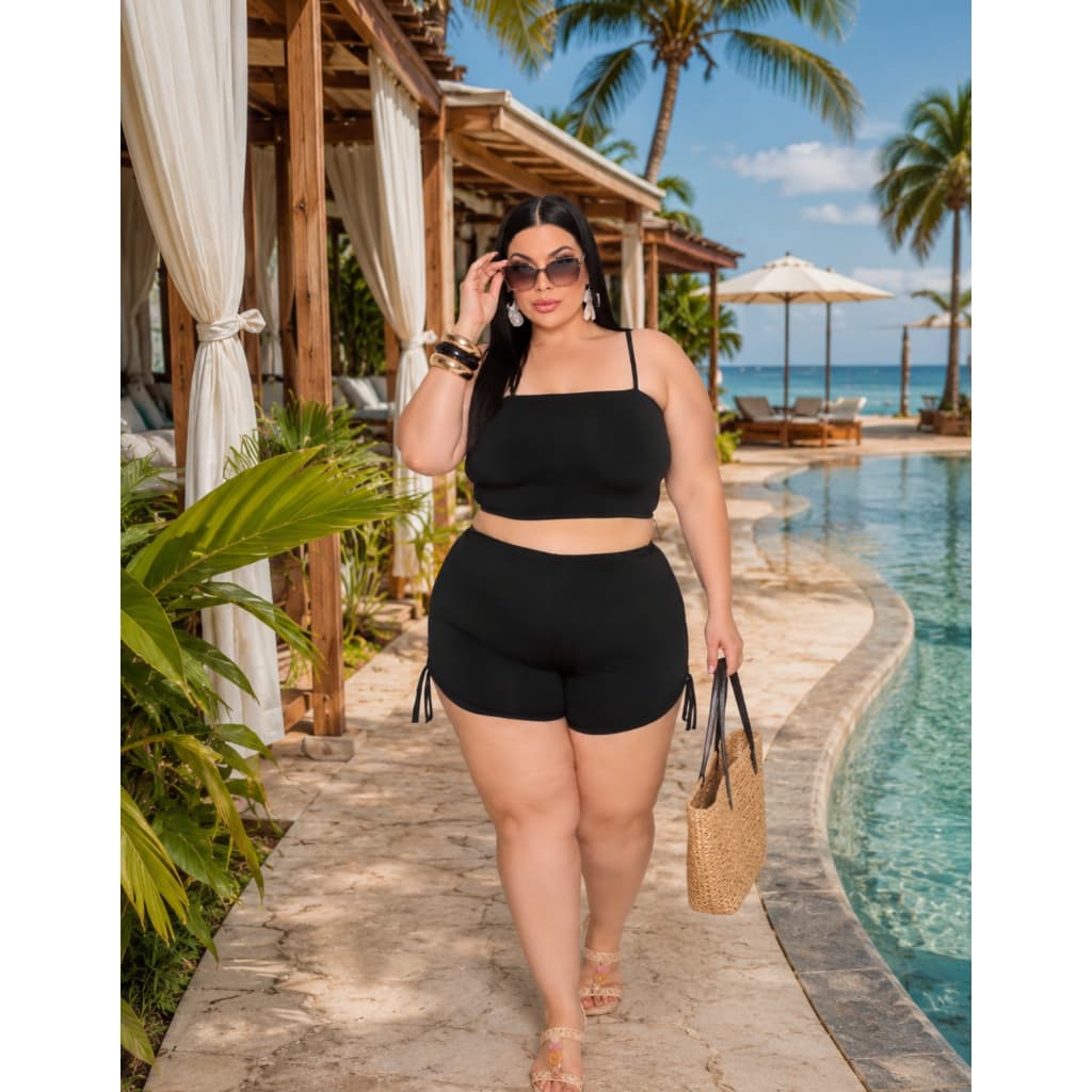 Conjunto Biquíni Plus Size Feminino Top Faixa Alça Regulável Short Cintura Alta Regulagem Lateral Moda Praia Confortável