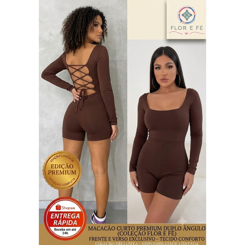 Macaquinho Manga Longa Todo em Elastano Modela o Corpo Fitness Fany Curto Manga Longa