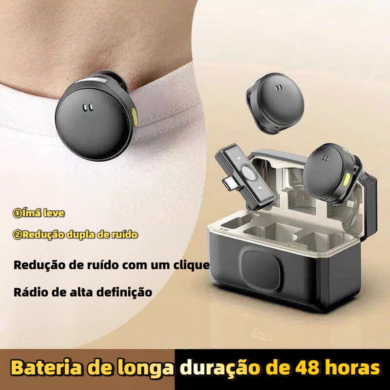 Microfone de Lapela Sem Fio com Cancelamento de Ruído e Fixação Magnética - Plug and Play