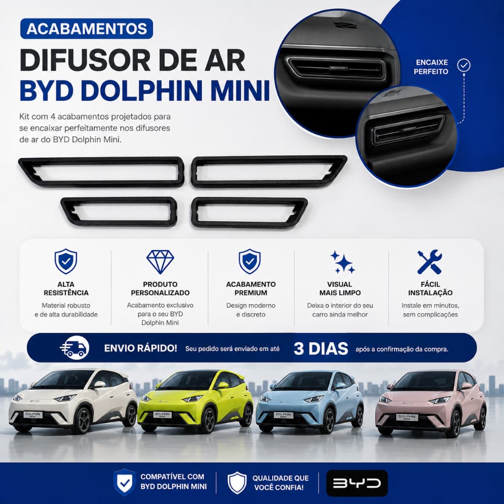 Kit Acabamento Personalizado para Difusor de Ar Compatível com BYD Dolphin Mini 2 ou 4 Peças Impressão 3D