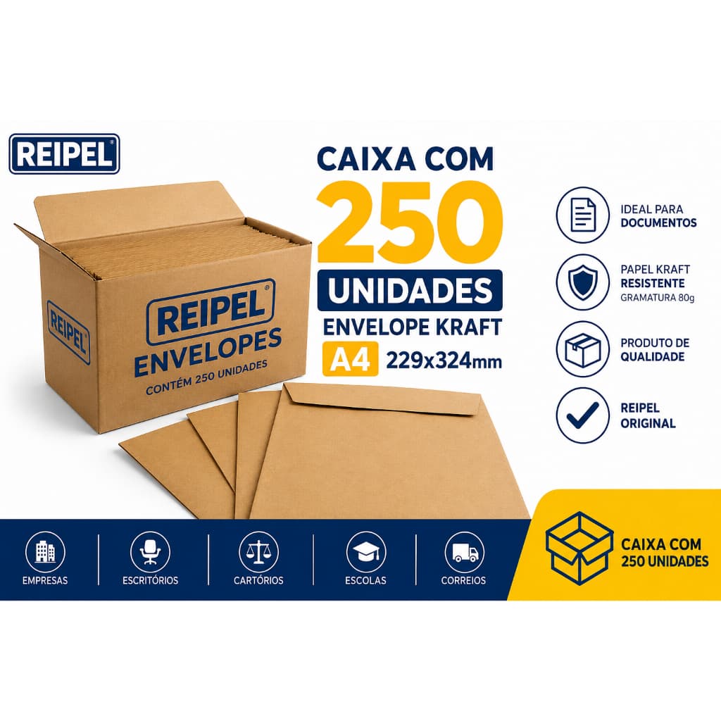Envelope A4 Kraft Reipel Caixa 250 Unidades 229x324mm Saco Pardo Documentos