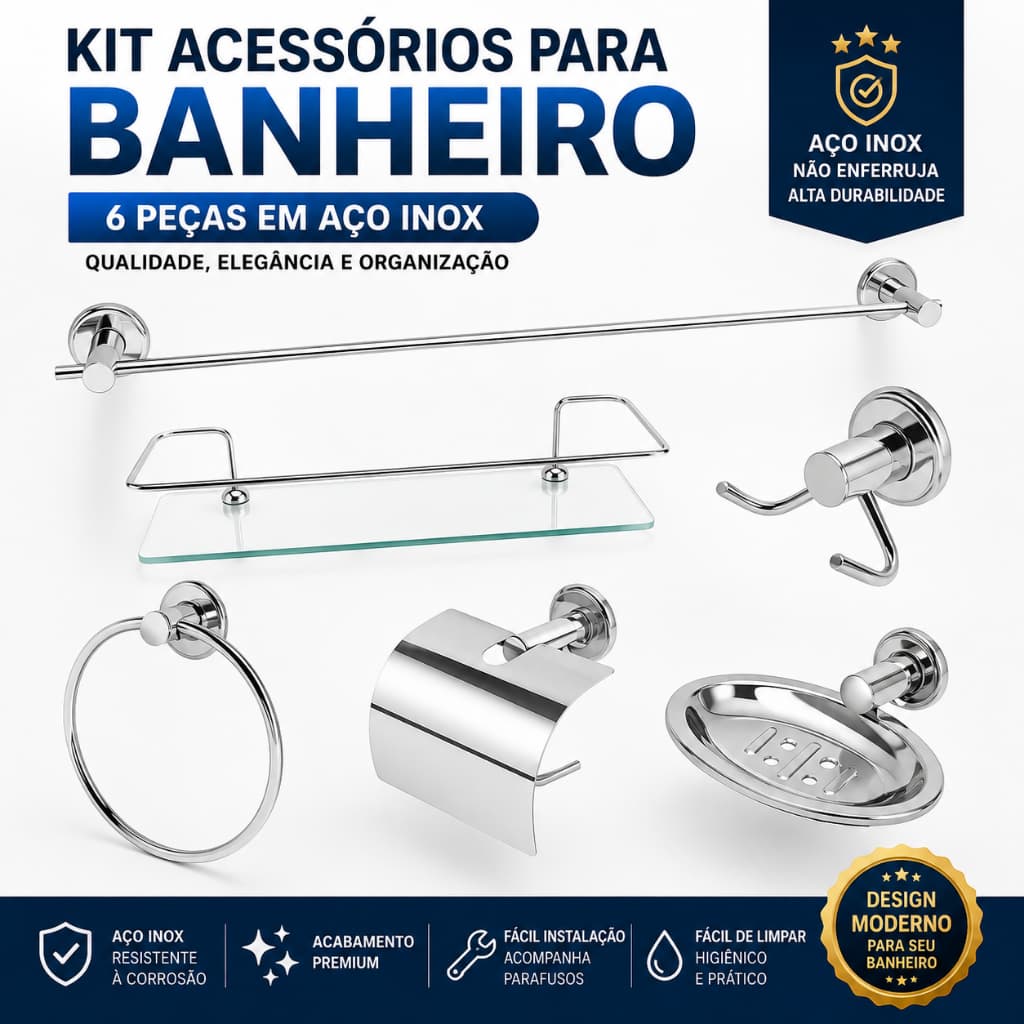 Kit Banheiro Aço Inox 5 Peças Luxo Porta Shampoo Vidro Reto Organizador Lavabo Completo Premium