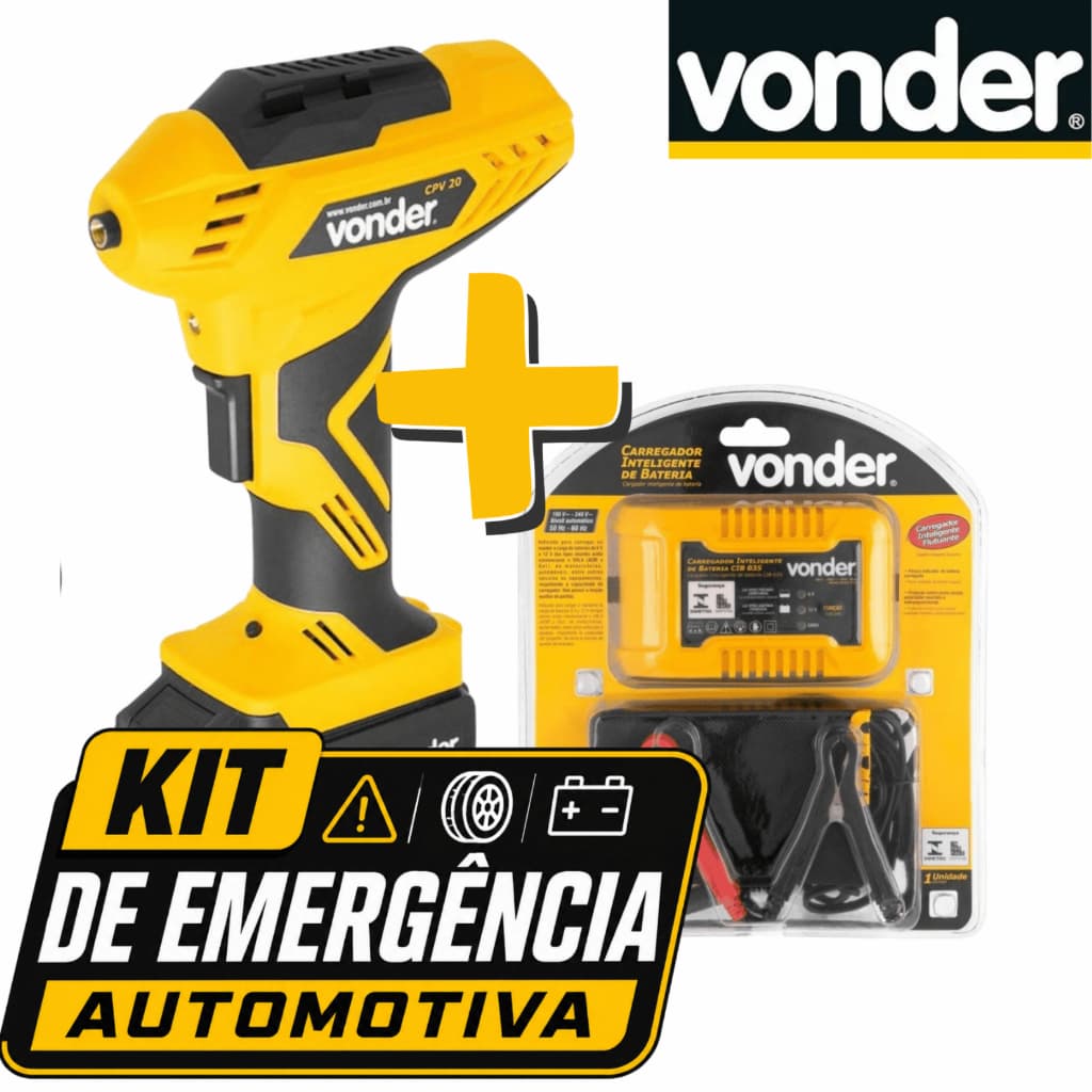 Kit Emergência Automotiva Vonder Compressor de Ar 20V + Carregador Inteligente Bateria 6V/12V