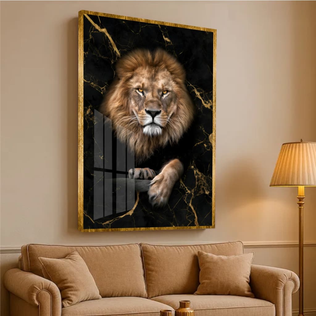 Quadro Decorativo Leão de Judá Fundo Marmorizado Dourado Decoração Moderna Sala Quarto Escritório