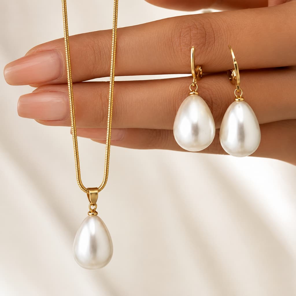 Conjunto Colar e Brincos Gota de Pérola Feminino Dourado Elegante Festa Casamento Presente