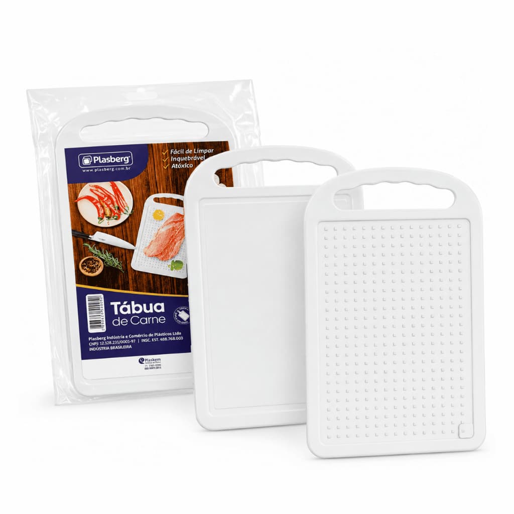 Tábua para Corte de Carne Plástica Plasberg 28 cm c/ Cabo Branca