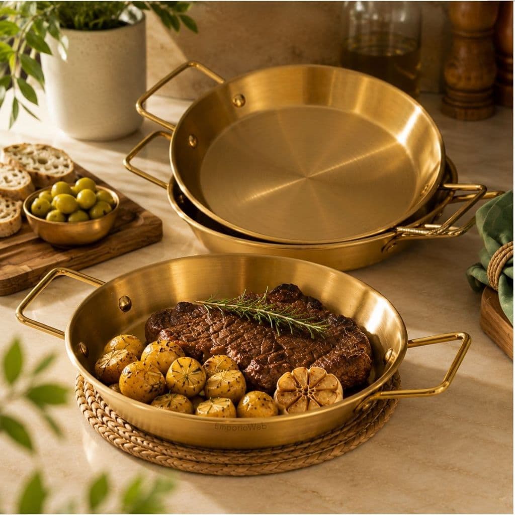 Tacho Frigideira Dourada Redonda com Alças em Aço Inoxidavel Grande Rasa Gourmet Elegante