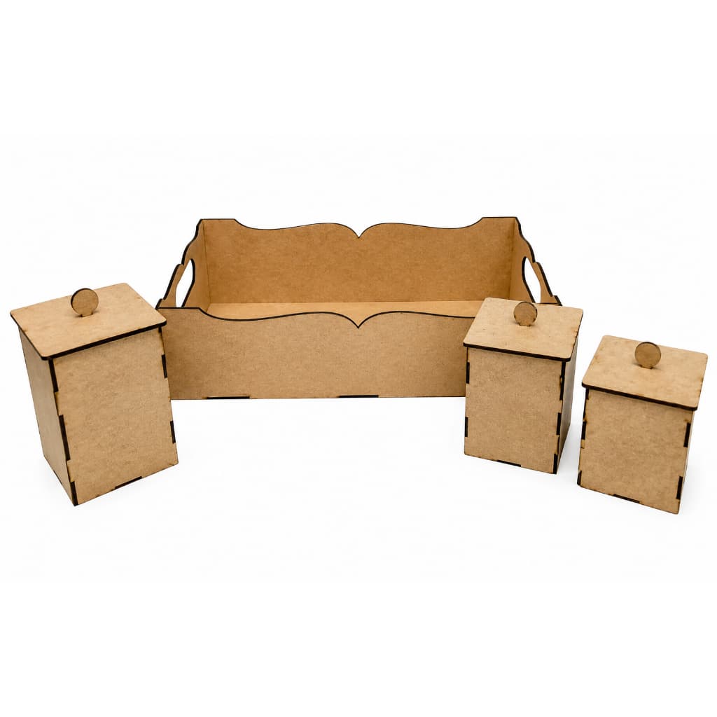 Bandeja com 3 Potes para kit Higiene Bebê MDF cru DESMONTADO Decoração Quarto Bebê
