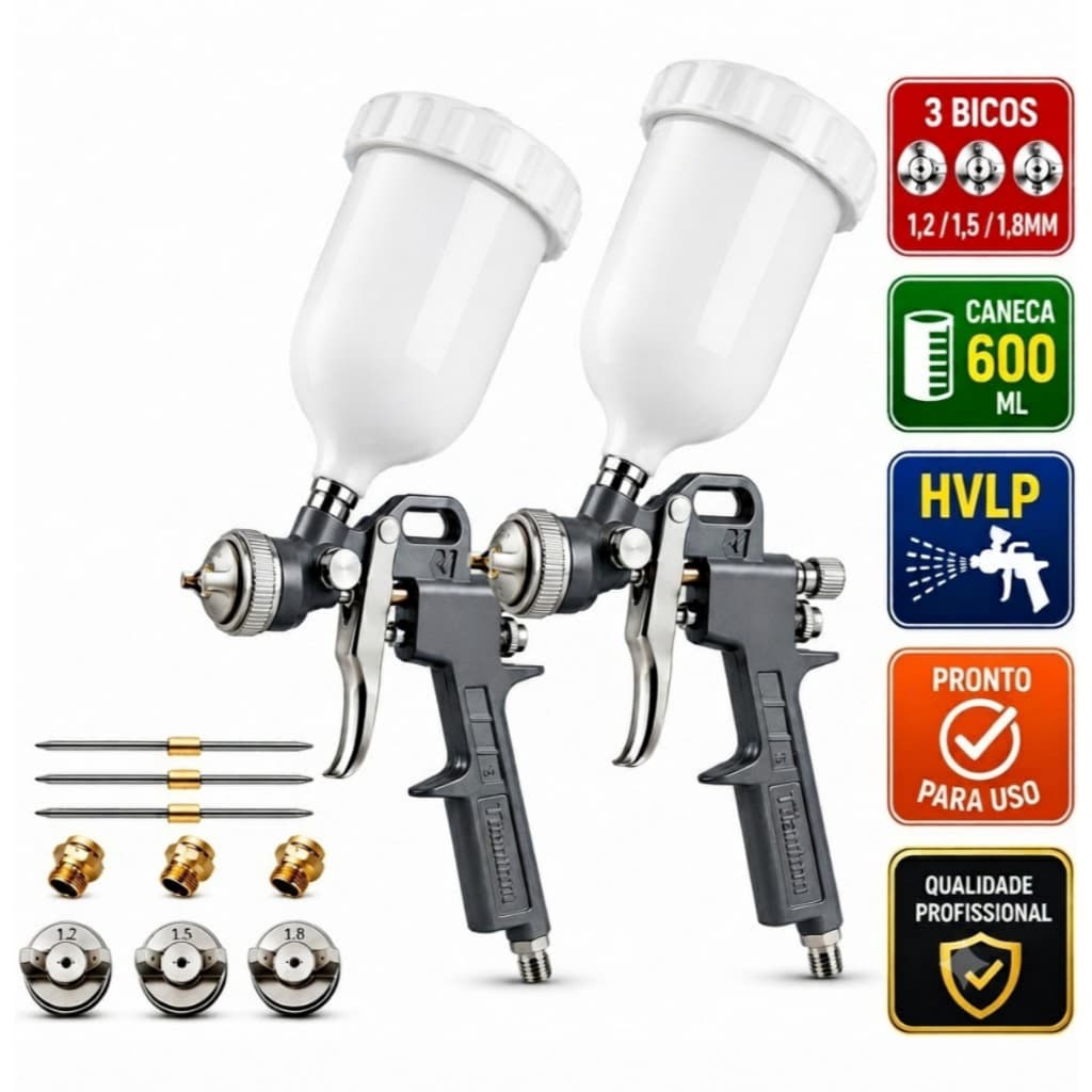 kit 2 Pistolas Pintura Hvlp Profissional Automotiva Gravidade 600ML