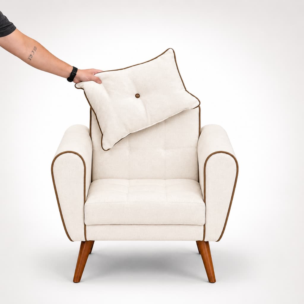 Poltrona Decorativa Linho Nobly Decor Aurora Almofada Removível Pés Madeira Sala Escritório