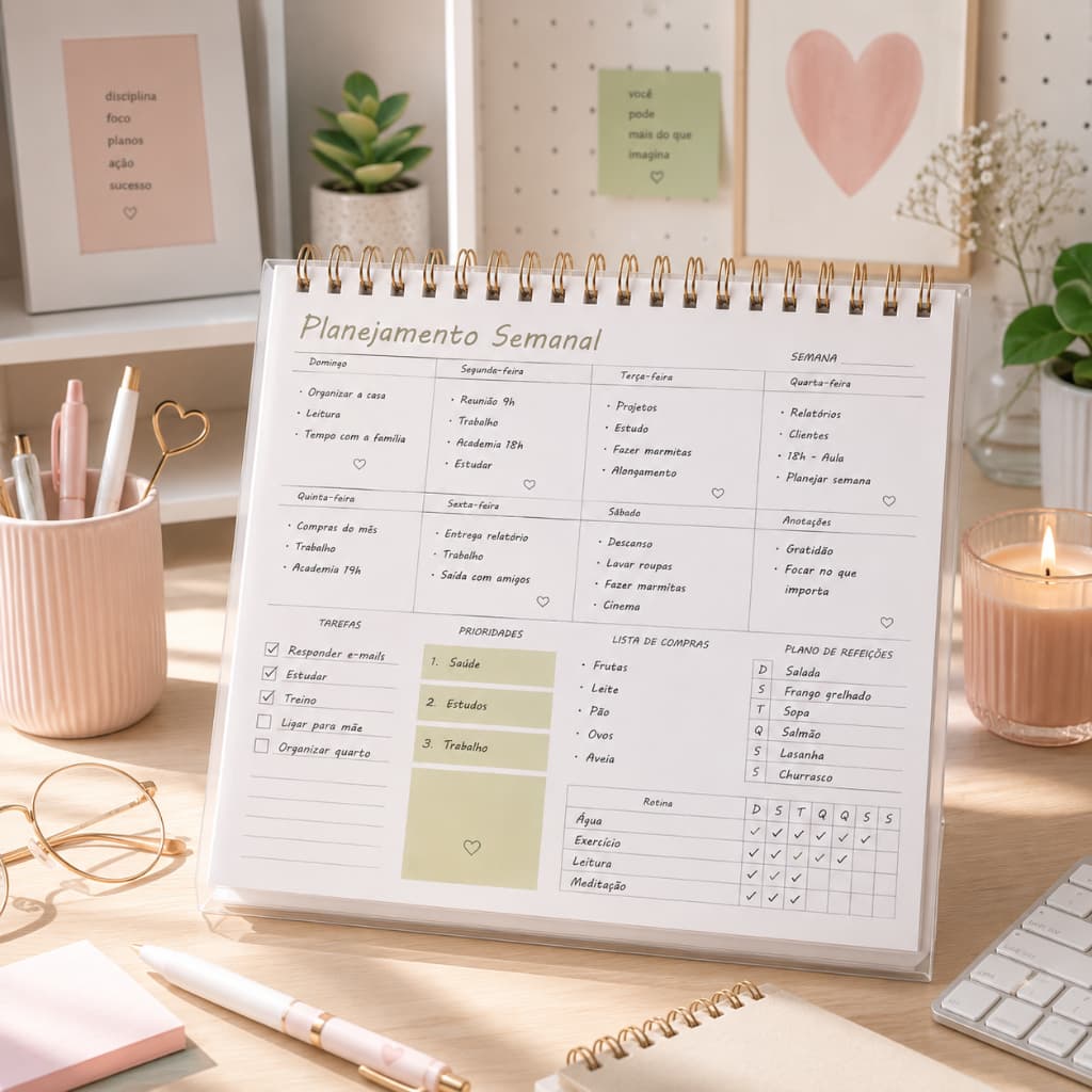 Caderno agenda planner semanal mensal organização pessoal estudantil fofo 50 paginas executivo