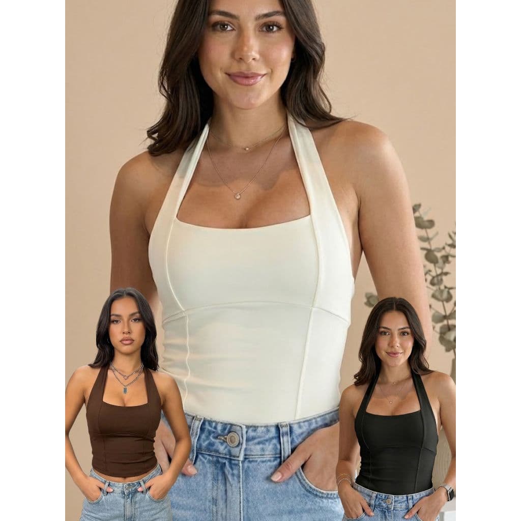 Blusa Halter Feminina Antonella Frente Única Cropped Sustentação Sem Sutiã Moda Gringa