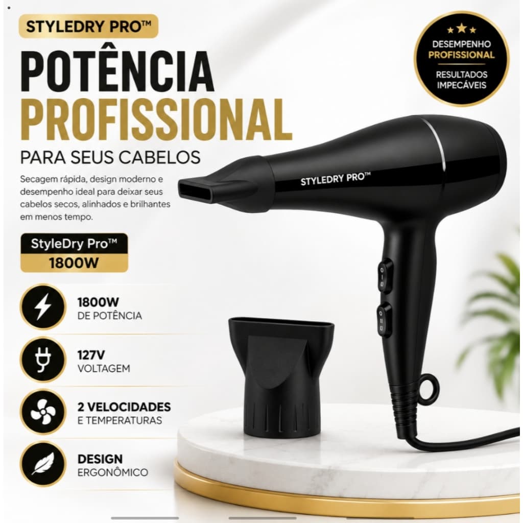 Secador de Cabelo Profissional 1800W 127V StyleDry Pro™ 2 Velocidades e Temperaturas Bico Direcionador Preto