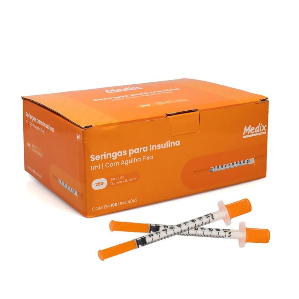 Kit 100 Unidades Seringas de Insulina 1ml 12,7mm X 33mm 29G Medix