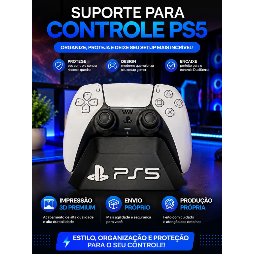 Suporte Controle PS5 DualSense Base Gamer Impressão 3D Premium Organizador Mesa Produção Própria Envio Rápido