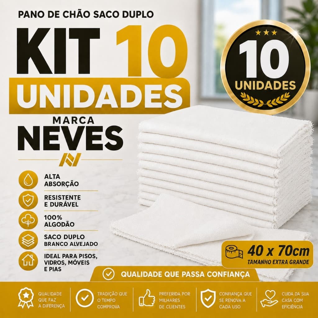 Pano De Chão Duplo Branco Alvejado 100% Algodão Neves  - 40x70cm - Kit Com 10un