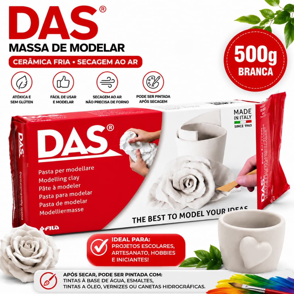 Massa De Modelar e Escultura de Cerâmica Fria 500g Branca DAS