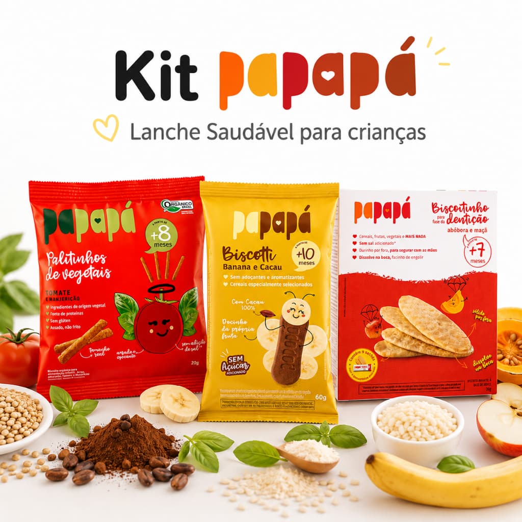 Kit Papapá Lanche Saudável Biscotti Banana e Cacau Palitinho Tomate e Manjericão Biscoitinho Dentição Abóbora e Maçã