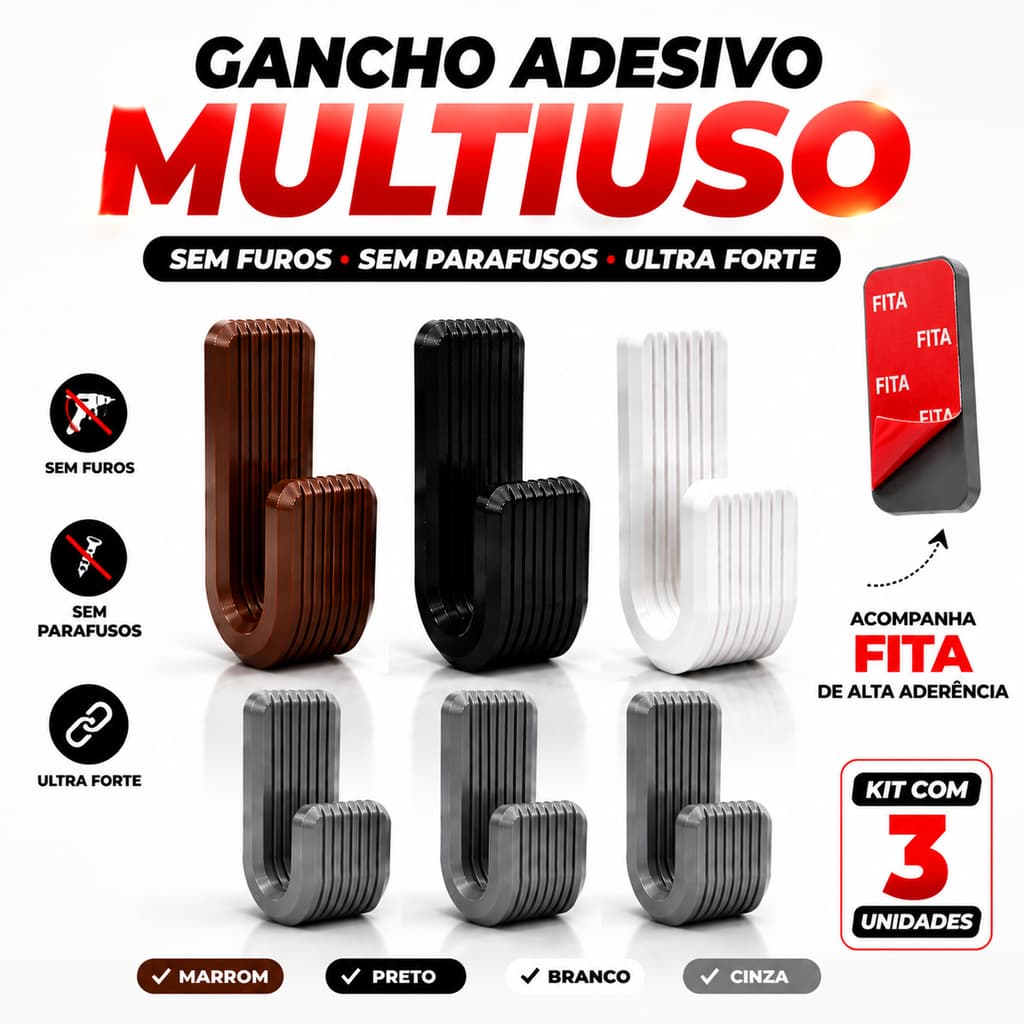 Gancho Adesivo De Parede Multiuso Sem Furo Autocolante Organizador Kit 3 Unidades