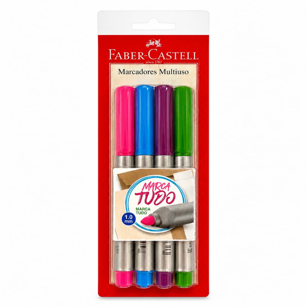 Kit Marcadores Multiuso Faber-Castell Marca Tudo 4 Cores Permanente Ponta 1.0mm para Plástico Vidro Metal