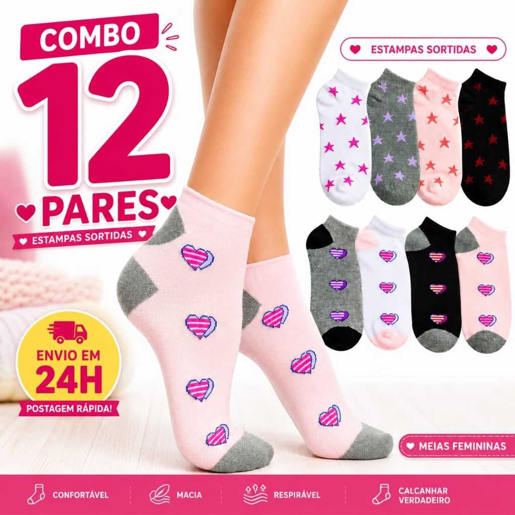 Meia Feminina kit 3 6 12 Pares Cano Curto Estampadas Algodão Confortável Premium Respirável Macia Casual 35 ao 40