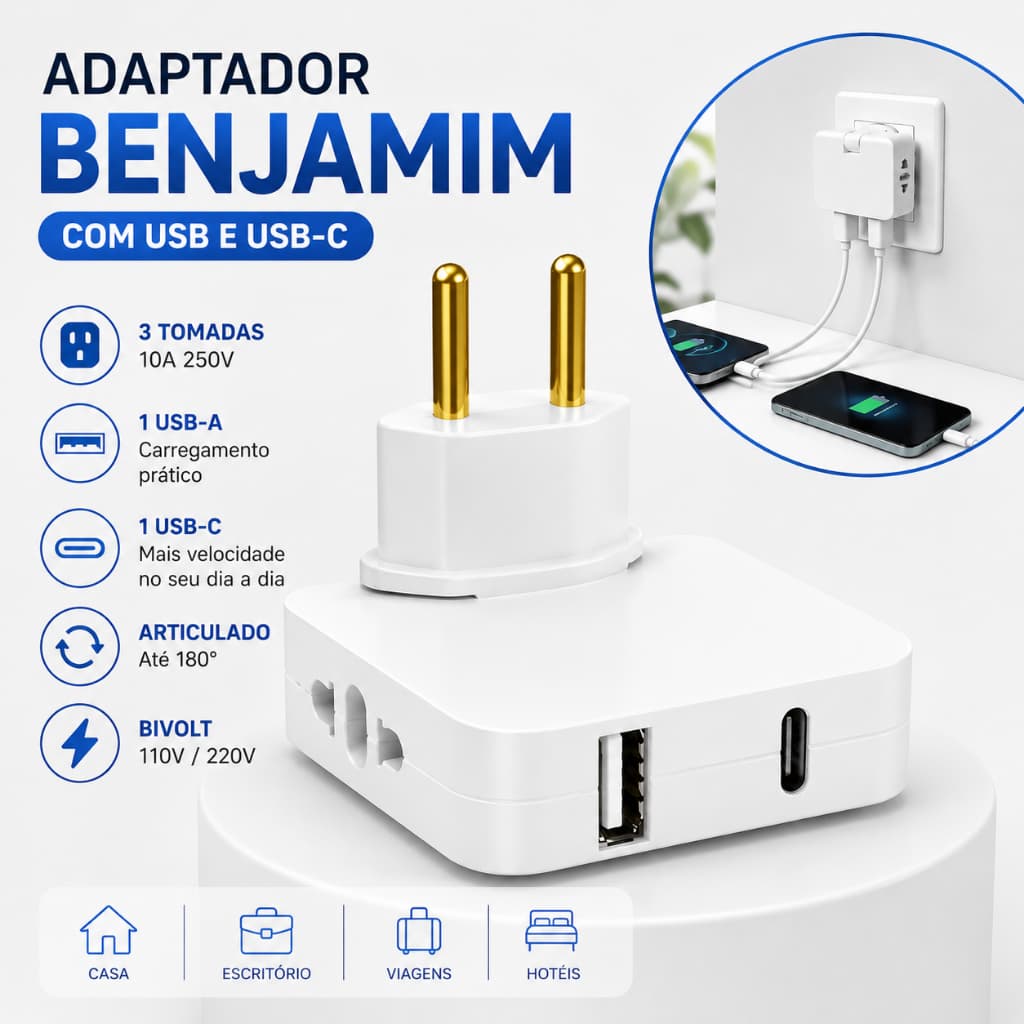 Adaptador Tomada Benjamim T Articulavel com Entrada USB e USB-C