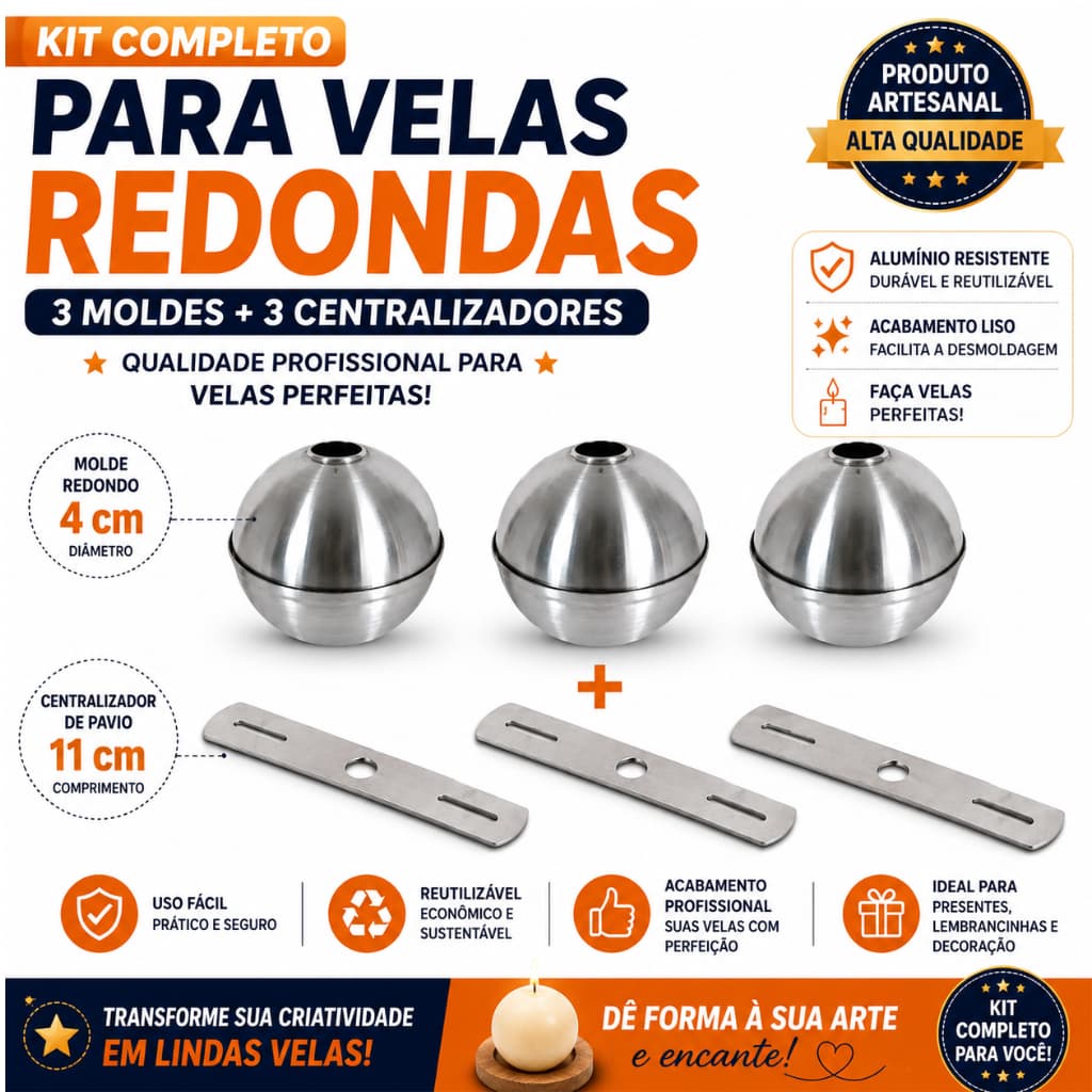 Kit 3 Moldes para Vela Redonda 4cm + 3 Centralizadores de Pavio 11cm Forma de Alumínio para Fabricação de Velas Artesana