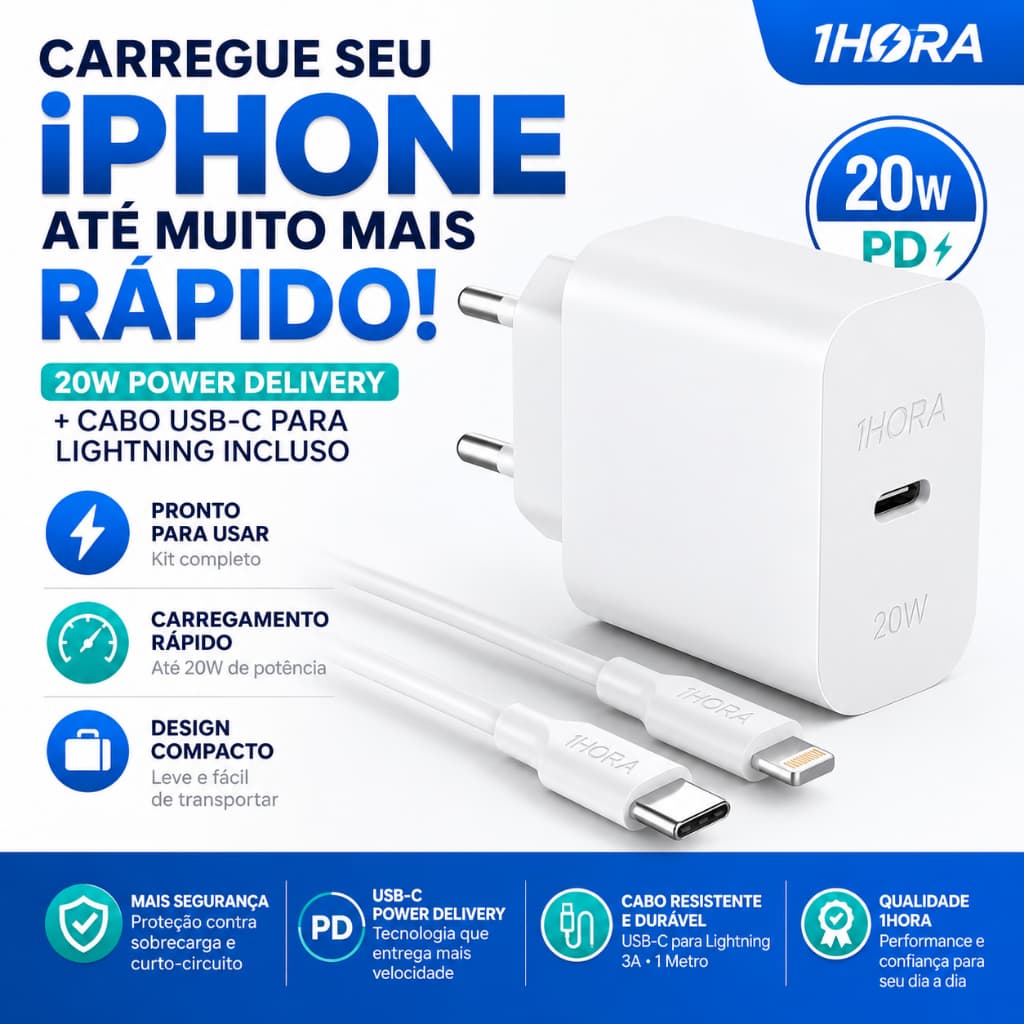 Carregador Turbo 20W USB-C PD com Cabo Lightning 3A para iPhone 1HORA