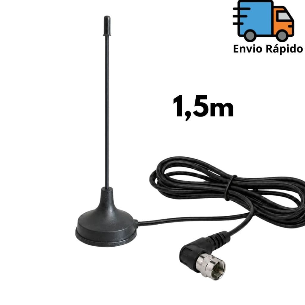 Antena Interna Compacta para TV e Conversor Digital UHF VHF FM com Base Magnética e Cabo 1,5m