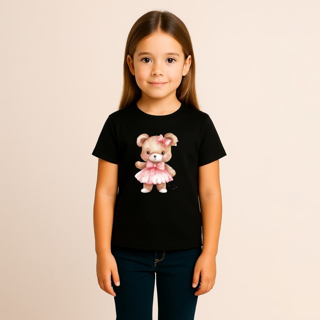 CAMISETA INFANTIL MENINA ALGODÃO URSINHA VESTIDO ROSA LACO AQUARELA FOFA