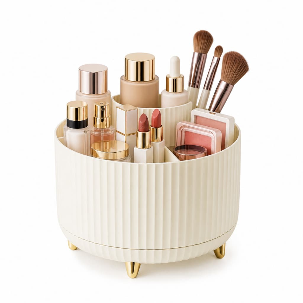 Organizador Giratório 360° Porta Maquiagem, 5 Compartimentos Cosméticos Skincare Penteadeira, Branco Creme e Rosa
