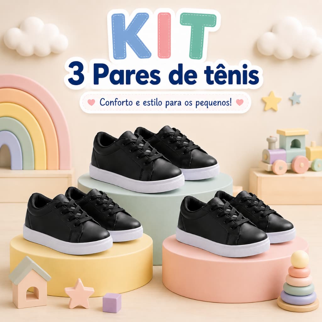 Lindo Kit 3 Pares Tênis Infantil Masculino Escolar Confortável Colegial com Solado Antiderrapante
